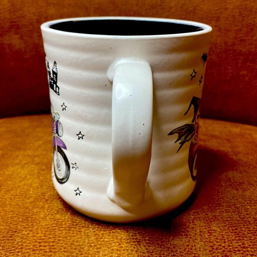 Cobwebs & Cauldrons Halloween Skeletons Riding Motorcycle 18 oz Ceramic Mug